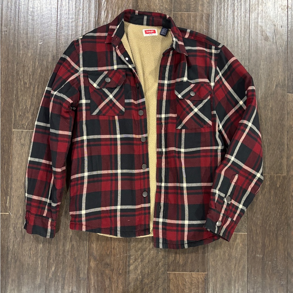 Wrangler Burgundy and Black Plaid Jacket Shirt Fleece Lining Small